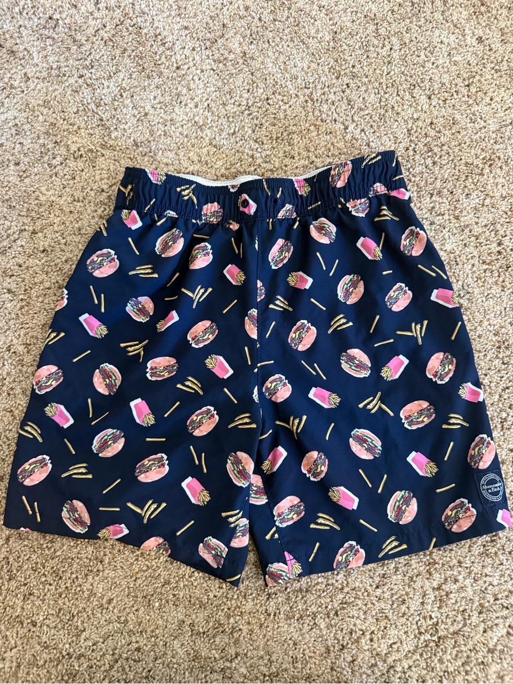 abercrombie kids Navy Swim Trunks with Burger & Fry Print